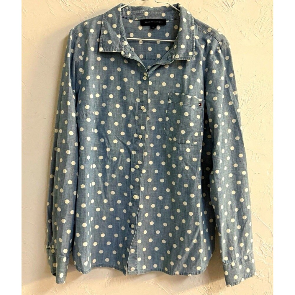 Tommy Hilfiger Women’s L Blue/White Polka Dot Chambray Cotton Pockets Shirt